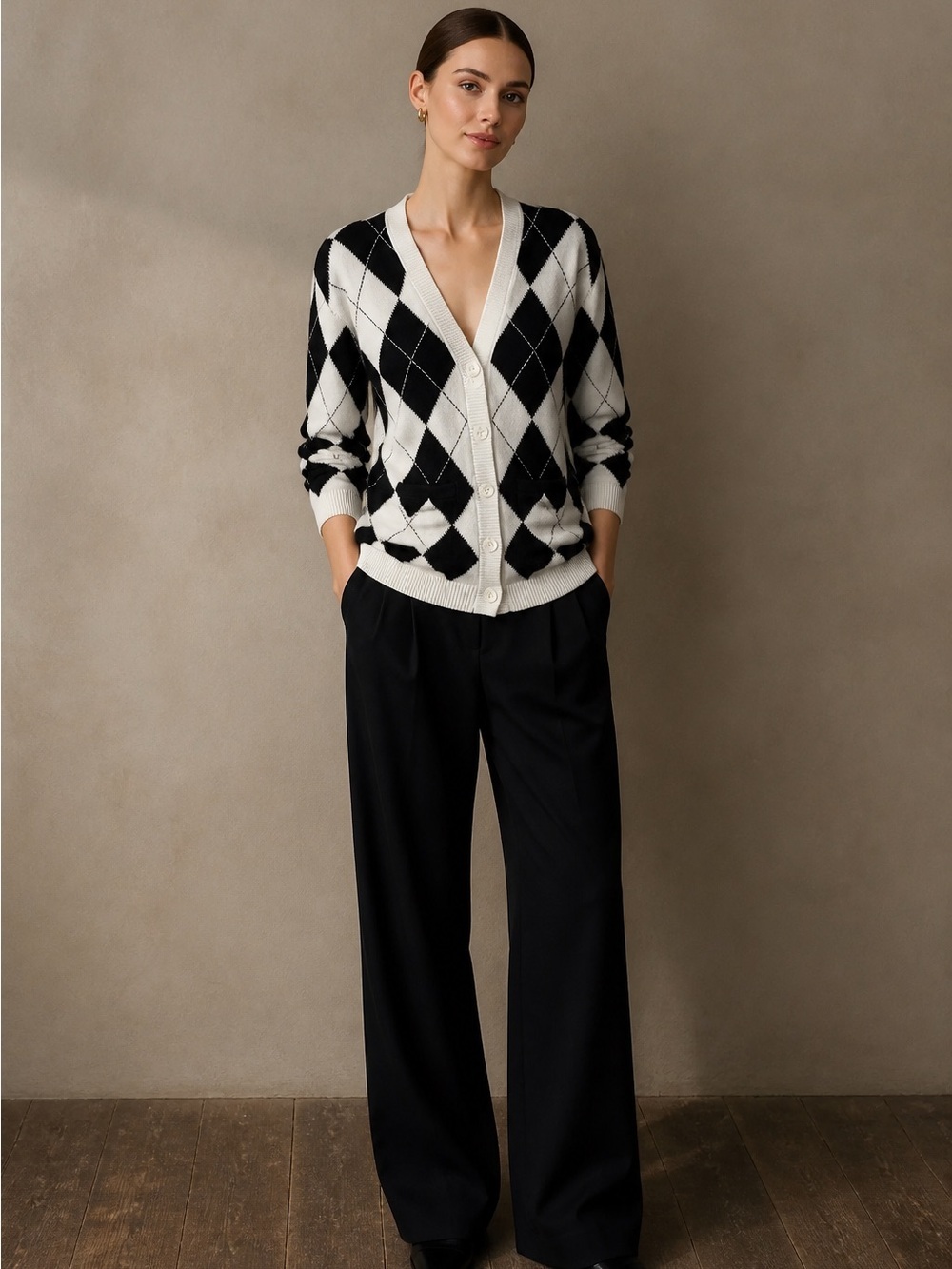 Talbots Black and Cream Argyle Button Cardigan